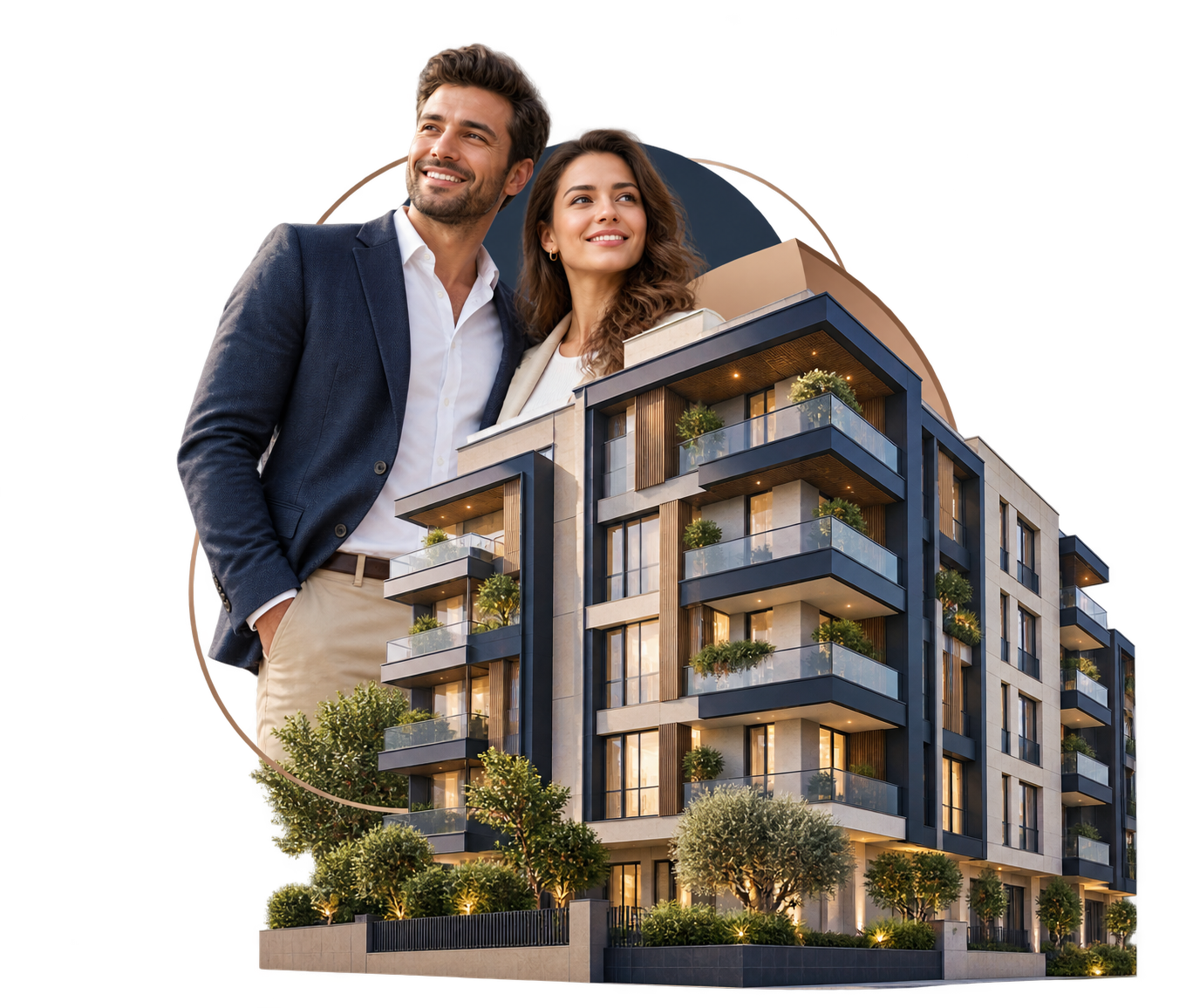 Modern konut ve yeni bir yaşamı temsil eden çift